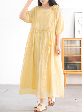 6.27新 简约圆领苎麻连衣裙~立体玫瑰 2025夏季新品高腰系带长裙