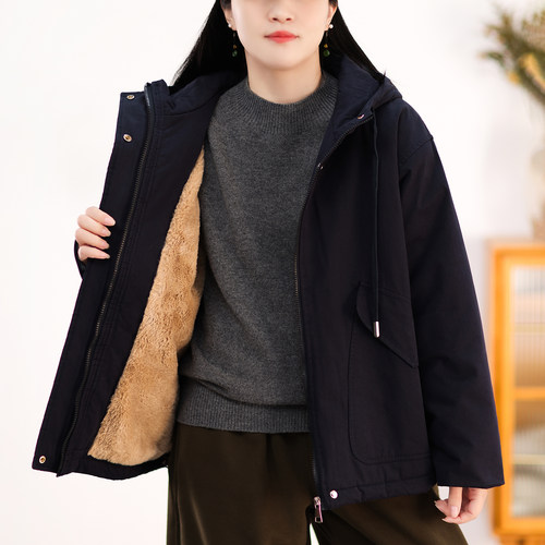 韩系拼接格纹连帽加绒夹克大口袋