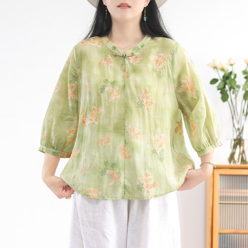 绿素棉苎麻刺绣小衫女复古盘扣