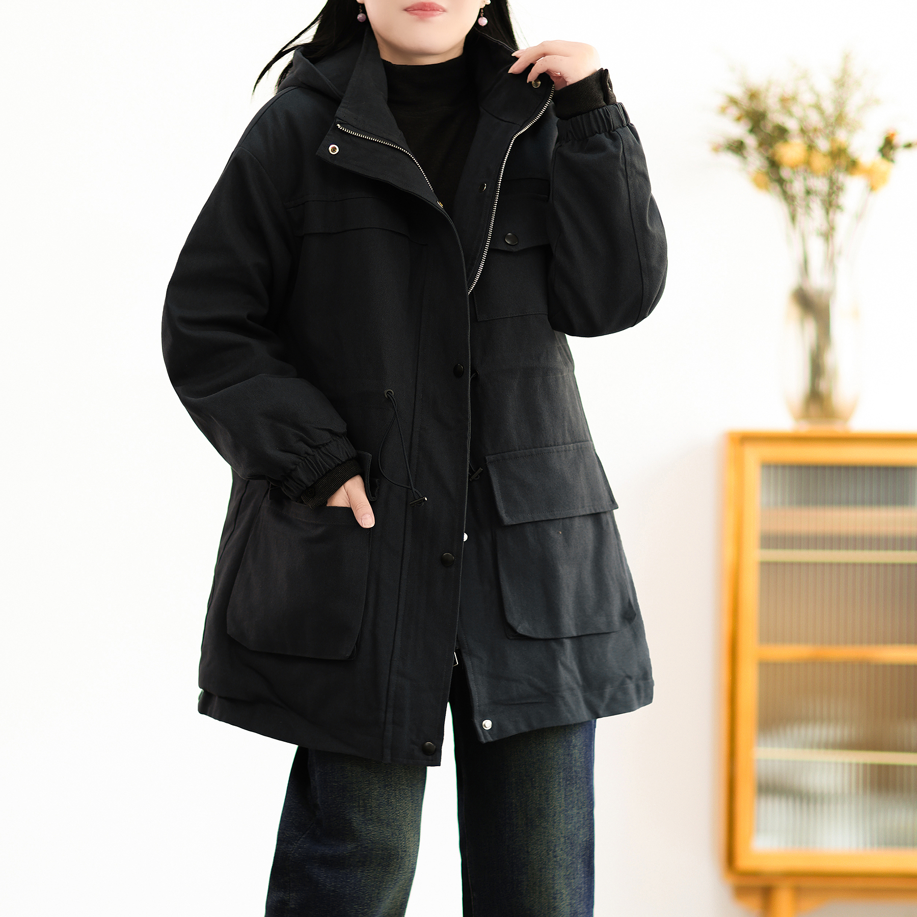 小个子全棉中长款连帽加绒派克冬