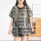 复古水墨印花套装 双层短裤 轻薄五分袖 绿素棉 圆领T恤 经典 夏季 女