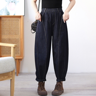 大码 立体剪裁丹宁蓝哈伦裤 又潮又酷 绿素棉廓形明线镰刀牛仔裤