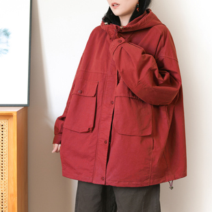100棉宽松大码 山系工装 外套秋 通勤连帽大口袋风衣中长款 绿素棉