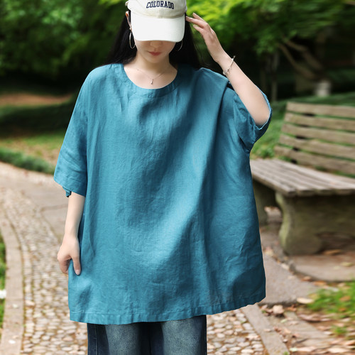 大码夏季亚麻宽松遮肉七分袖上衣