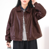 环保羊皮宽松大版 翻领PU皮外套女 廓形藏肉夹克 原创设计款 绿素棉