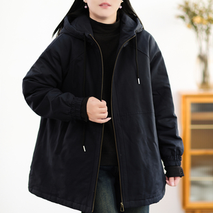 不冬装 绿素棉 派克加绒兔毛加厚宽松大码 纯棉中长工装 连帽棉服女