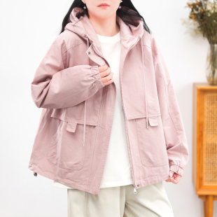 休闲风衣夹克上衣2026春装 绿素棉 纯色大版 风连帽外套女 纯棉工装