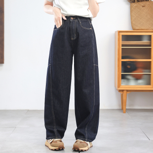 弯刀裤 绿素棉高腰窄版 立体剪裁垂感拖地大码 丹宁蓝 女 香蕉牛仔裤