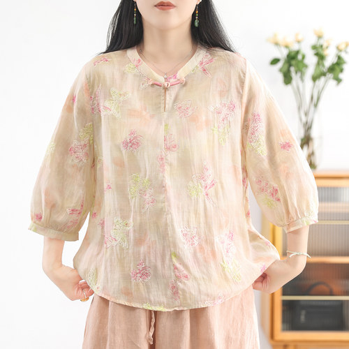 绿素棉苎麻刺绣小衫女复古盘扣