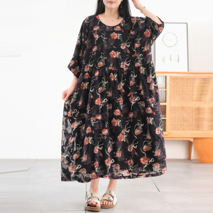 夏装 玫瑰花园 新品 大码 高腰长裙 直降 女装 浮雕提花雪纺连衣裙