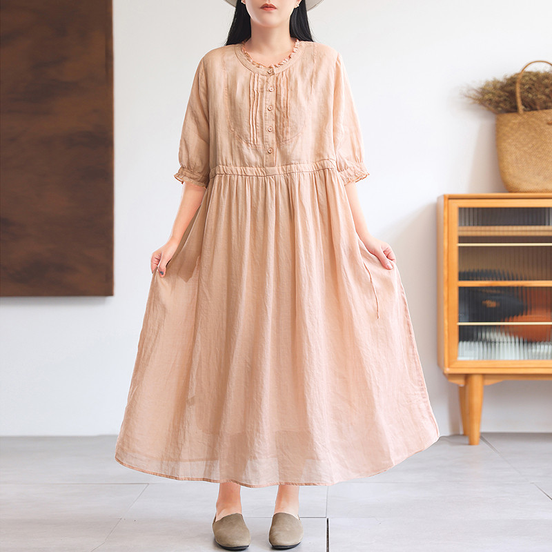 绿素棉 度假风100支细苎麻连衣裙女~风琴褶 双层飘逸显瘦收腰长裙