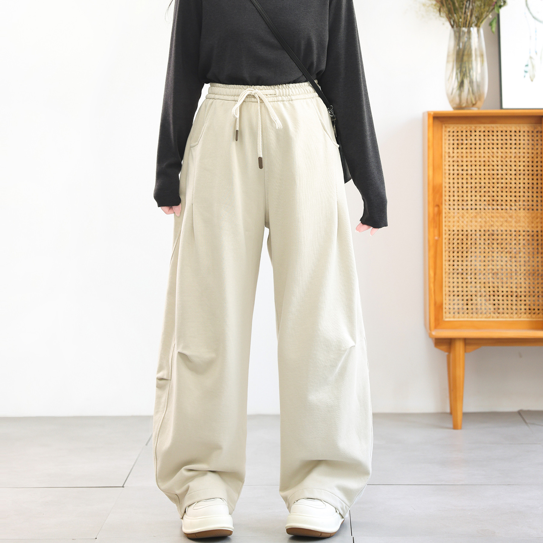 1.20新 原创全棉美式弯刀阔腿裤女2026春装重膀400克圈圈棉休闲裤,女装/女士精品,休闲裤,淘宝优惠券,粉丝福利购,淘宝优惠卷