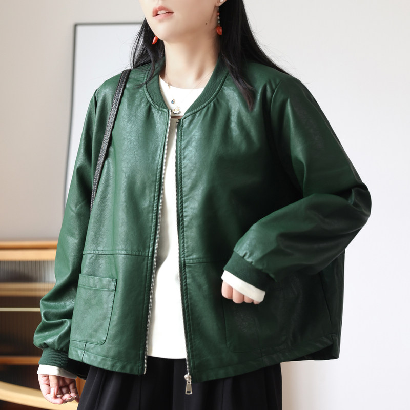 8.9新 棒球领PU皮衣外套~美式复古女装大码 春秋宽松帅酷短款夹克