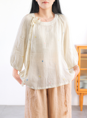 刺绣蝴蝶结苎麻上衣女 多巴胺风 宽松灯笼袖套头文艺复古小衫夏装