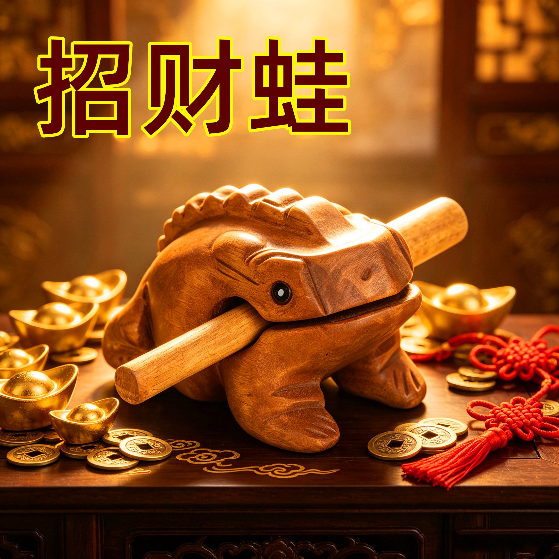 木质招财蛙实木雕刻发声木鱼蟾蜍摆件蛤蟆蛙鸣器木制青蛙工艺乐器