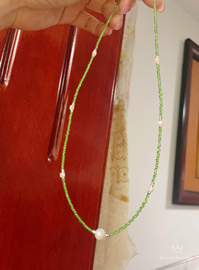 橄榄绿色尖晶石珍珠项链锁骨链，简单百搭