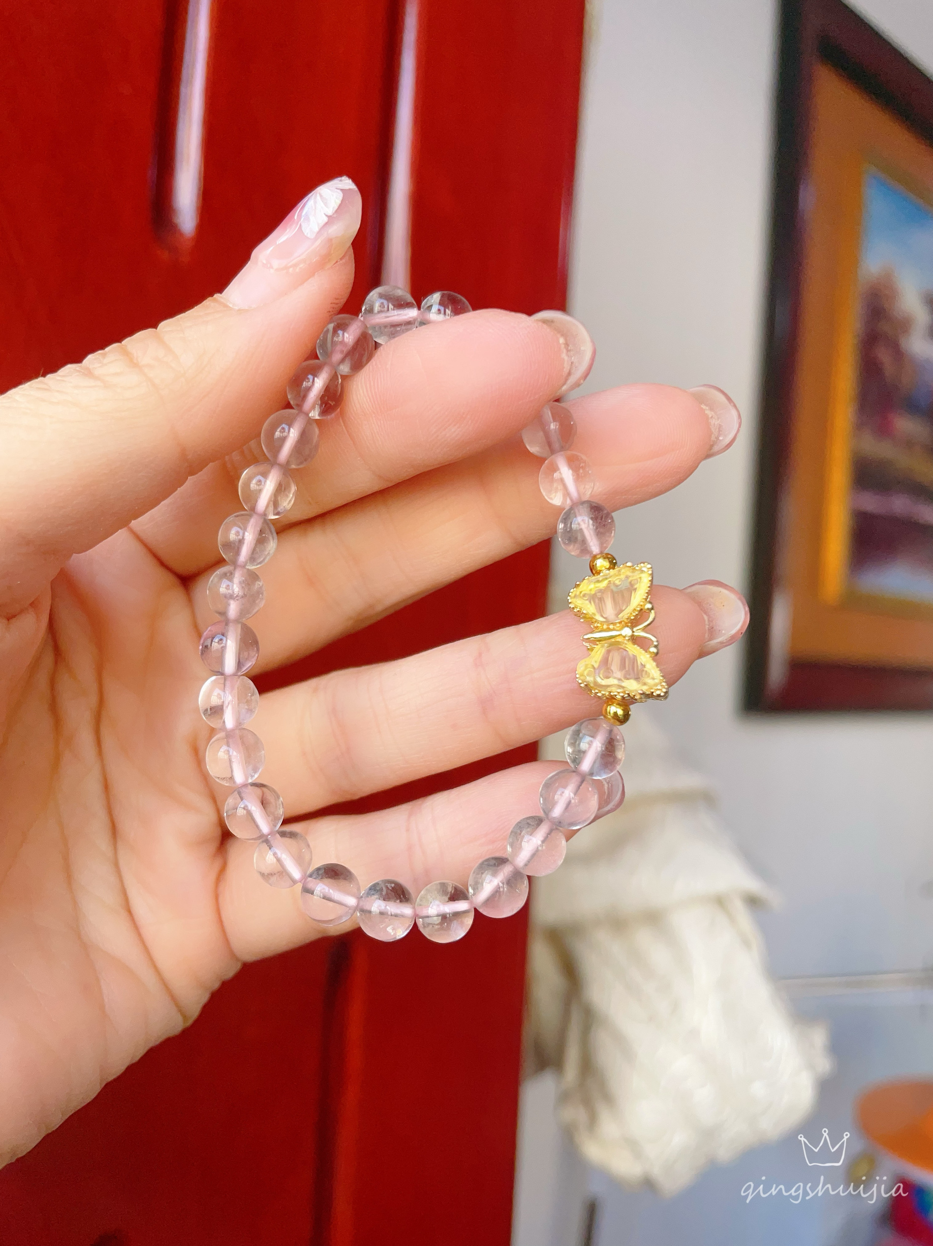 天然粉莹石粉色手串礼物女可爱蝴蝶手串手链