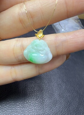 纯天然A货翡翠飘绿佛公小吊坠18k金扣头