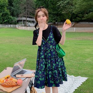 夏季新款上市优质精品疯狂促销新品现货针织拼接假两件花色连衣裙