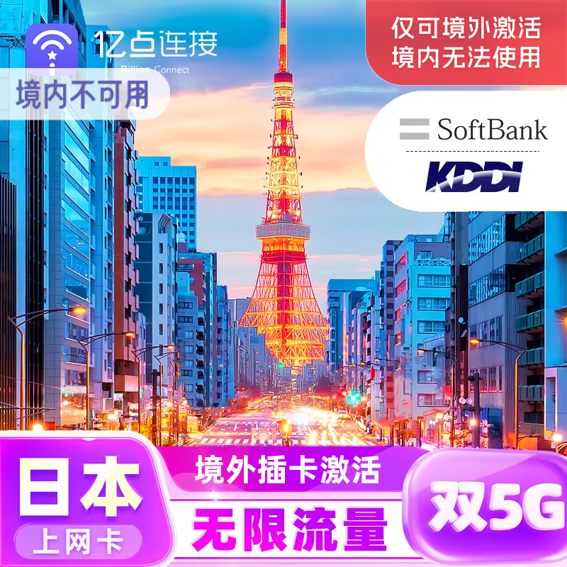 日本【无限流量】上网卡5G手机电话卡旅游sim卡SoftBank多网kddi