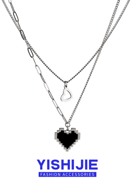 双层钛钢项链黑色马赛克像素爱心