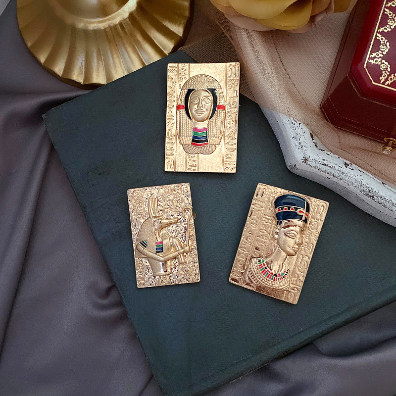 复古巴洛克埃及法老图腾方形滴釉胸针西洋中古磨砂金浮雕别针胸花
