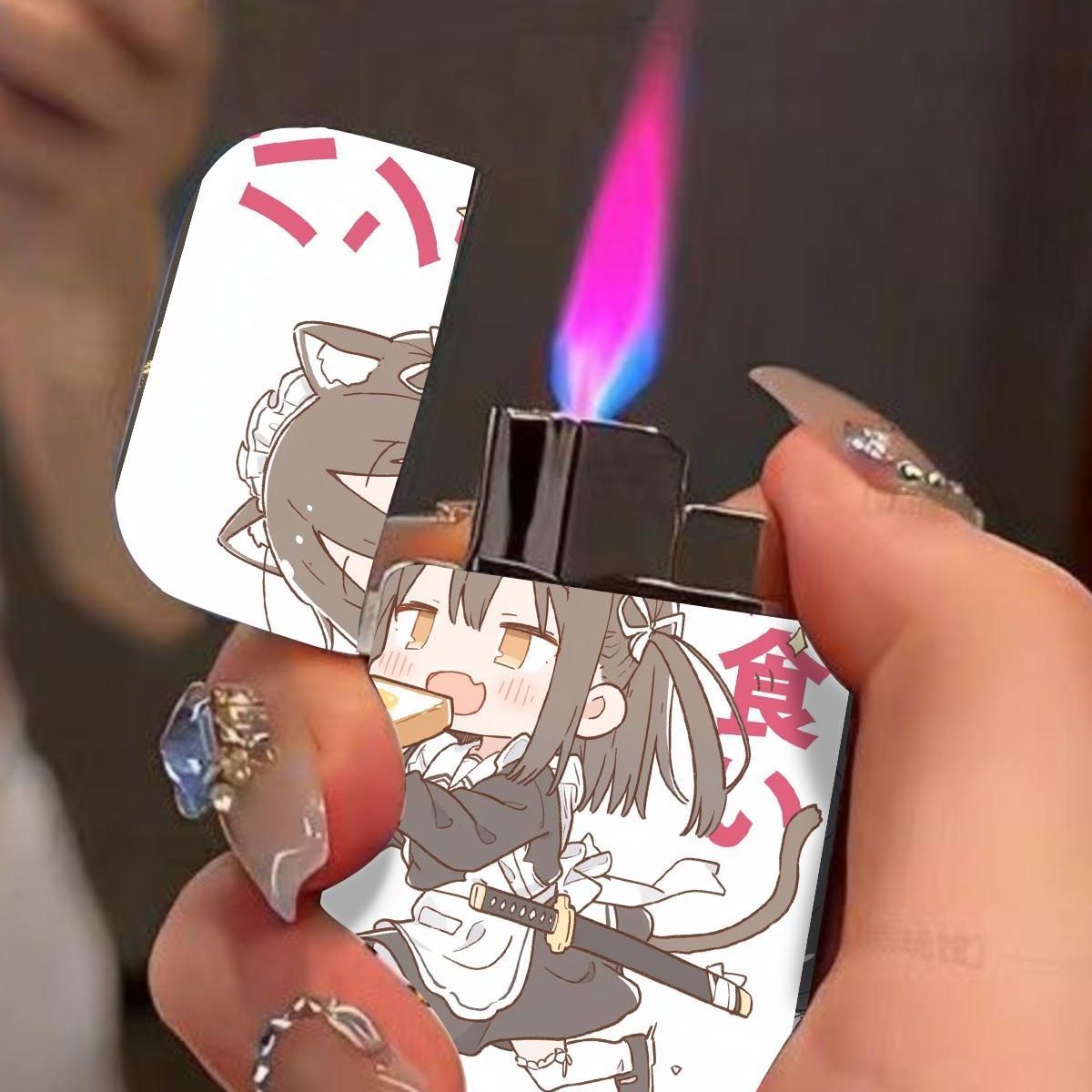 二次元动漫美少女防风充气打火机粉色火焰高颜值网红爆款送闺蜜潮