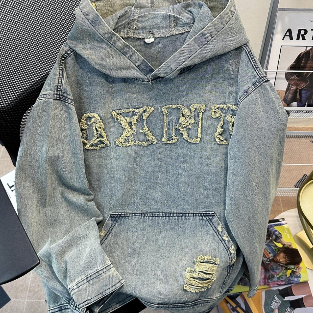 美式hiphop破洞牛仔外套男款春秋季潮牌刺绣水洗卫衣宽松连帽夹克