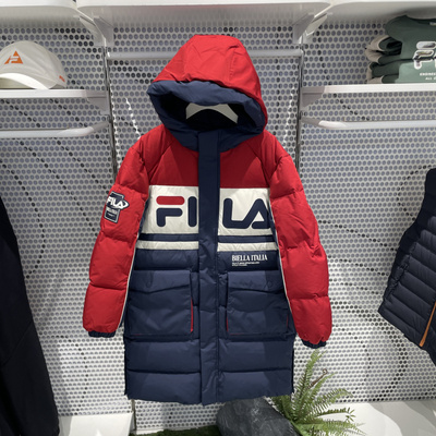 FILA斐乐童装2025冬季男大童潮流百搭连帽中长款羽绒服K12B441933