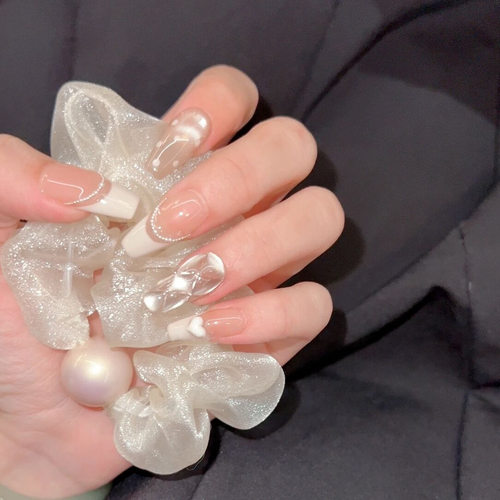 【奶油泡芙】纯手工穿戴甲手绘猫眼菱形格纹奶油法式穿戴甲
