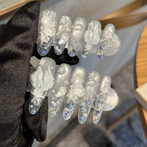【海洋世界】纯手工穿戴甲手绘鱼尾贝壳海星猫眼高级感重工穿戴甲