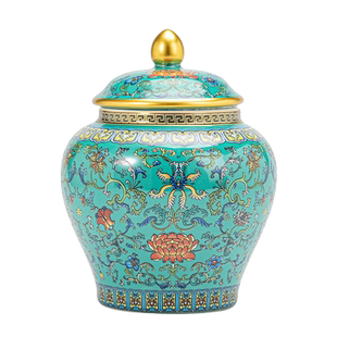 言川珐琅彩高档陶瓷茶叶罐将军罐密封储物茶叶包装皮礼盒装空礼盒