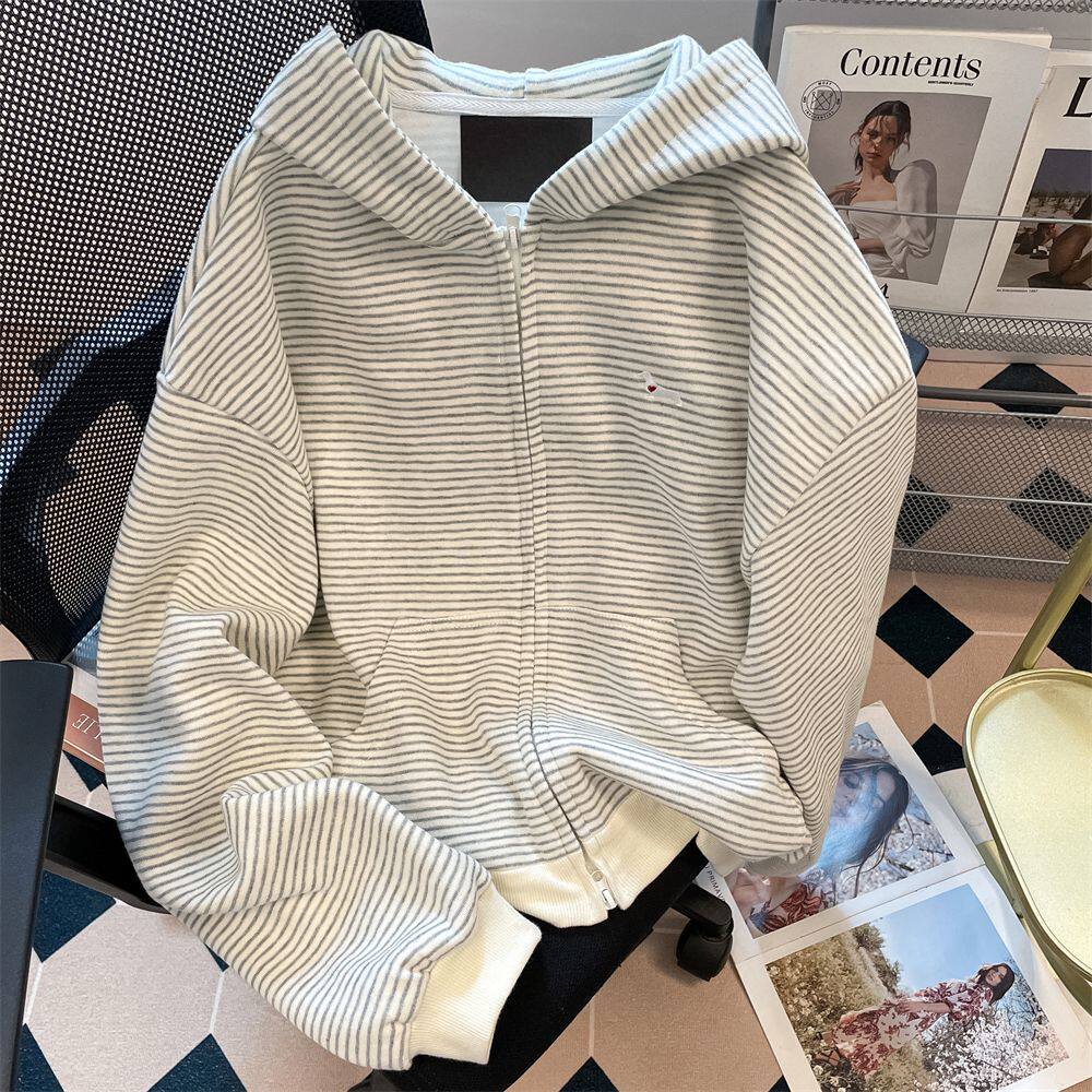 孕妇装特大码300斤加绒条纹卫衣女秋冬季银狐绒洋气拉链外套上衣