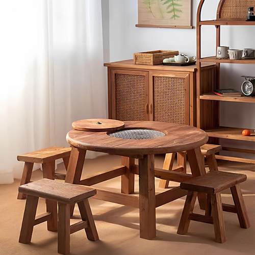 实木老榆木围炉冰茶茶桌