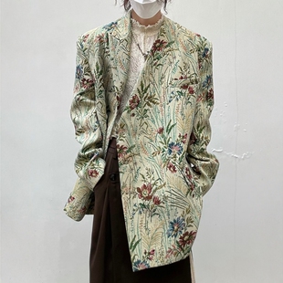 外套男女西服 14GSL小众设计师风复古花卉V领侧开扣垫肩西装 PCGO