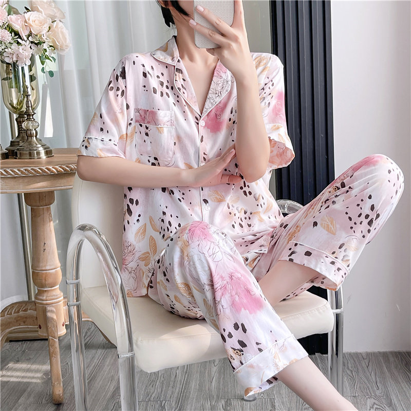棉绸睡衣女夏款短袖长裤人造棉中老年妈妈款家居服绵绸套装薄大码