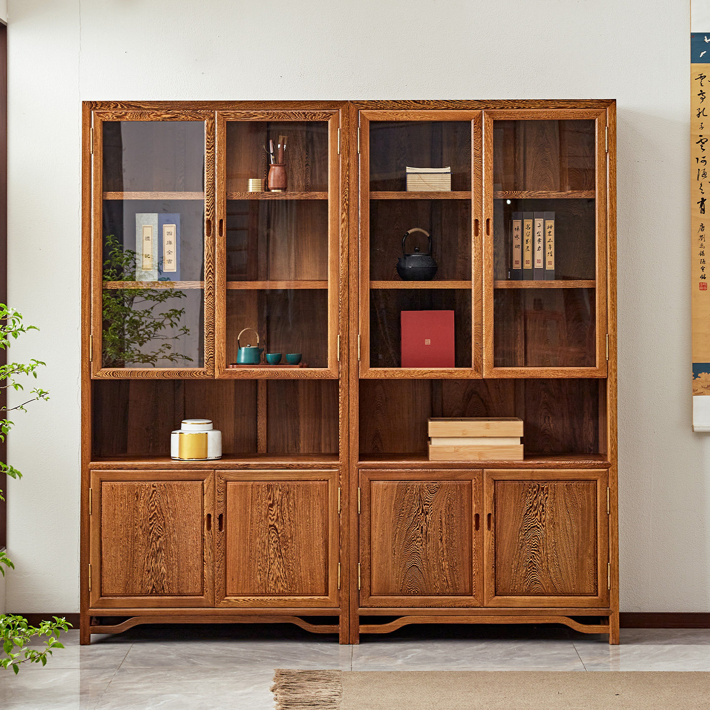 鸡翅木书柜新中式全实木玻璃门展示柜书房组合红木书橱储物收纳柜