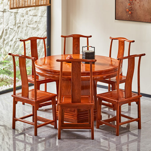 缅甸花梨木餐桌椅组合红木大果紫檀中式家用圆形带转盘大圆桌饭桌