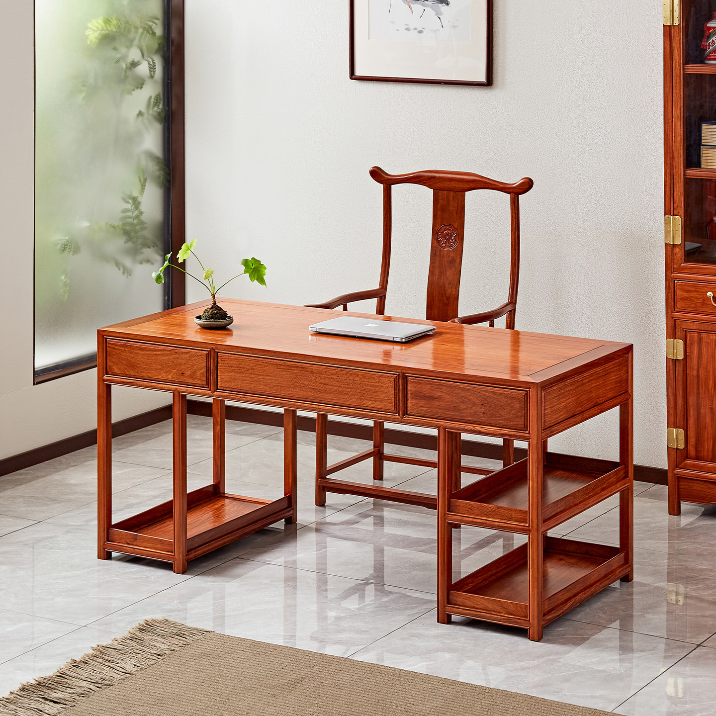 花梨木电脑桌新中式实木办公桌红木书桌家用简约台式电脑桌写字台