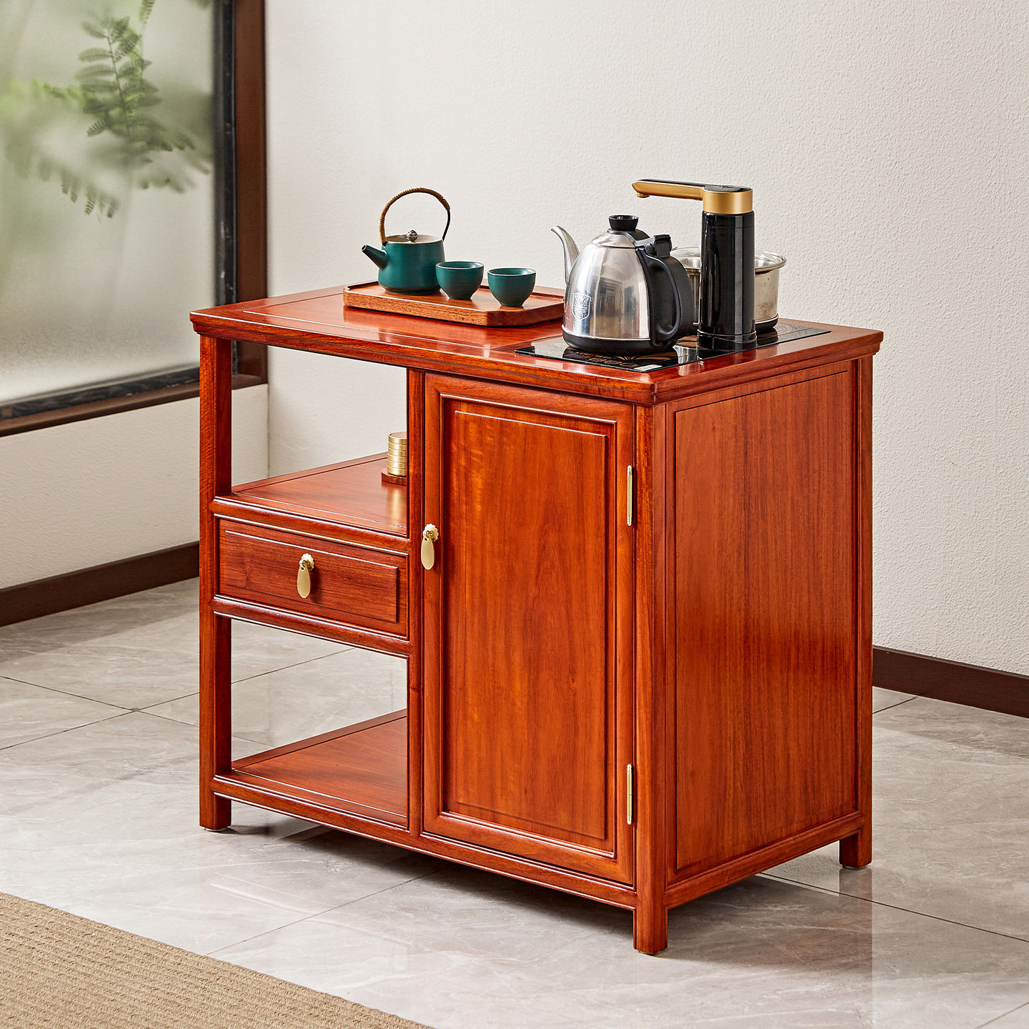 缅甸花梨木茶水柜新中式全实木储物柜大果紫檀红木茶桌边柜茶水台