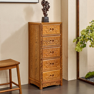 实木五斗柜雕花抽屉柜复古客厅储物柜子靠墙收纳边柜 鸡翅木新中式