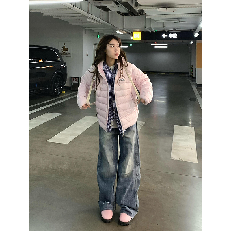 美式轻量化浅粉色排骨羽绒棉服女冬季新款户外保暖修身时尚短外套