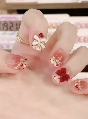 2026新款立体醒狮猫眼纯手工新年过年高级感穿戴甲合集显白美甲穿戴甲发财醒狮儿童指甲贴女孩美甲贴纸