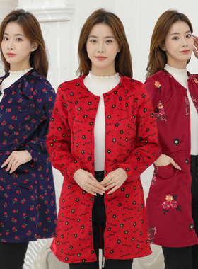 女中长款羽绒服罩衣长袖保暖秋冬水晶绒外套罩卦厨房围裙拉链护衣