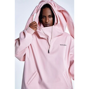 Ren刃川 现货粉色可爱兔耳卫衣男女款宽松防水防风单板双板滑雪服