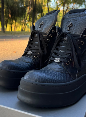 潮鞋 RO FABLED 倒三角高帮鞋真皮男鞋黑色蛇纹厚底增高鞋 伊文高