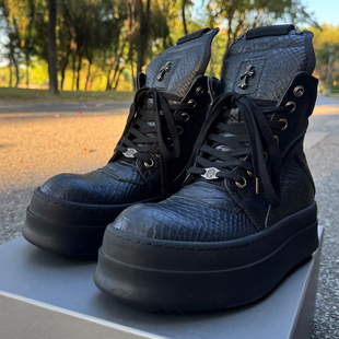 潮鞋 RO FABLED 倒三角高帮鞋真皮男鞋黑色蛇纹厚底增高鞋 伊文高
