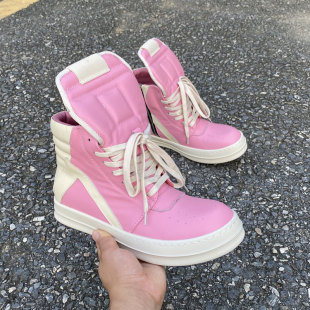 2025ssRO FABLED 欧美潮鞋倒三角粉红色真皮高帮鞋男工装鞋厚底潮