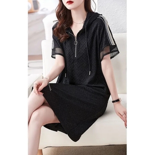 夏季网红女士连衣裙休闲短袖连帽运动风宽松显瘦大码女装t恤裙子