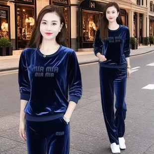 春秋季2025新款时尚宽松两件套圆领套头显瘦运动休闲金丝绒套装女